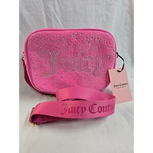 Juicy Couture Let It Shine Crossbody Pink Velour Rhinestone Bling Shoulder Bag